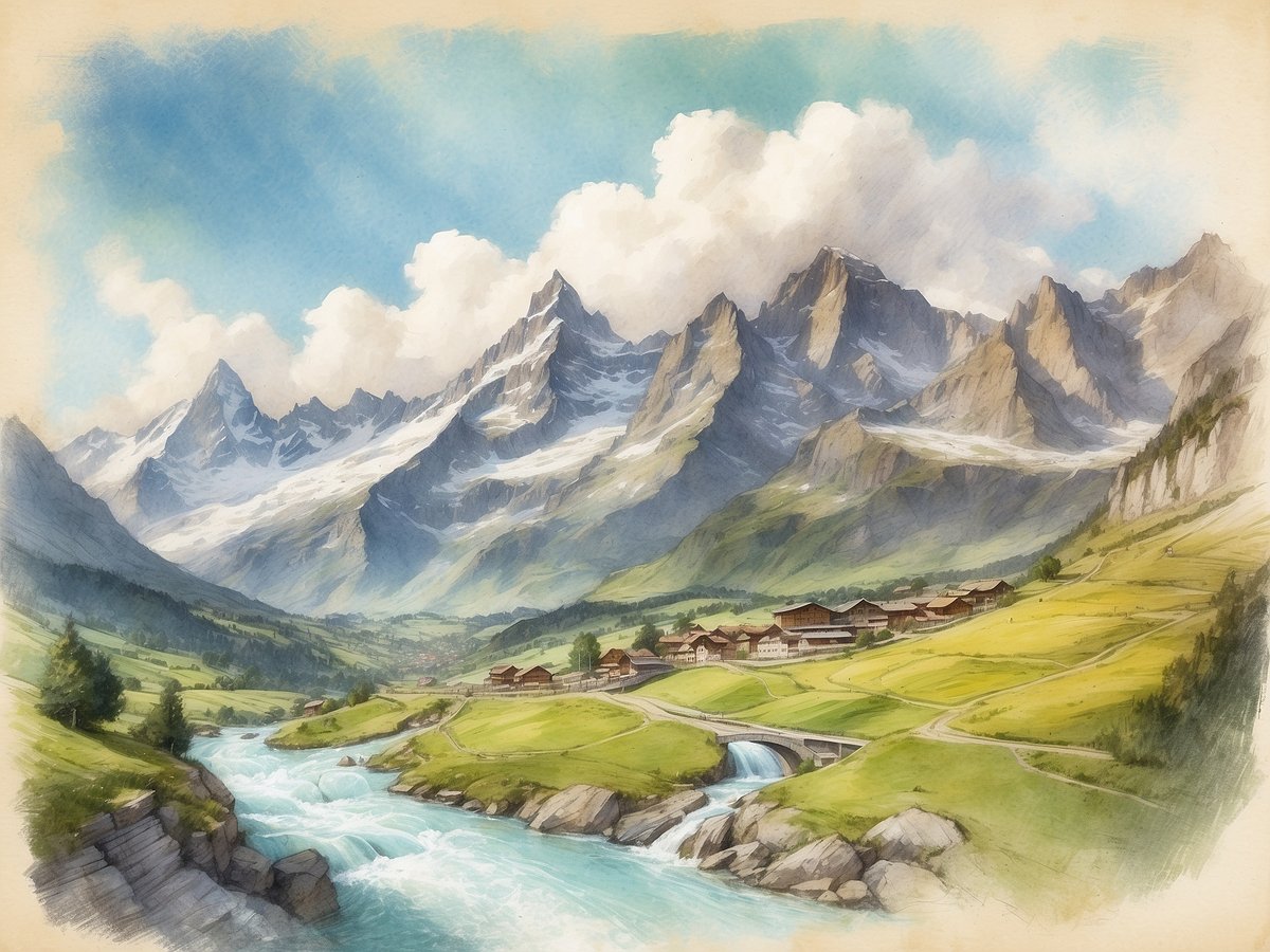 Eine malerische Landschaft der Schweiz mit majestätischen Alpen im Hintergrund, deren schneebedeckte Gipfel sich harmonisch gegen den blauen Himmel abheben. Im Vordergrund fließt ein klarer Fluss durch das grüne Tal, umgeben von sanften Wiesen und einer kleinen Siedlung mit traditionellen Holzhäusern. Die Bildkomposition strahlt Ruhe und Naturverbundenheit aus, geprägt von den charakteristischen Elementen der Schweizer Alpenlandschaft.