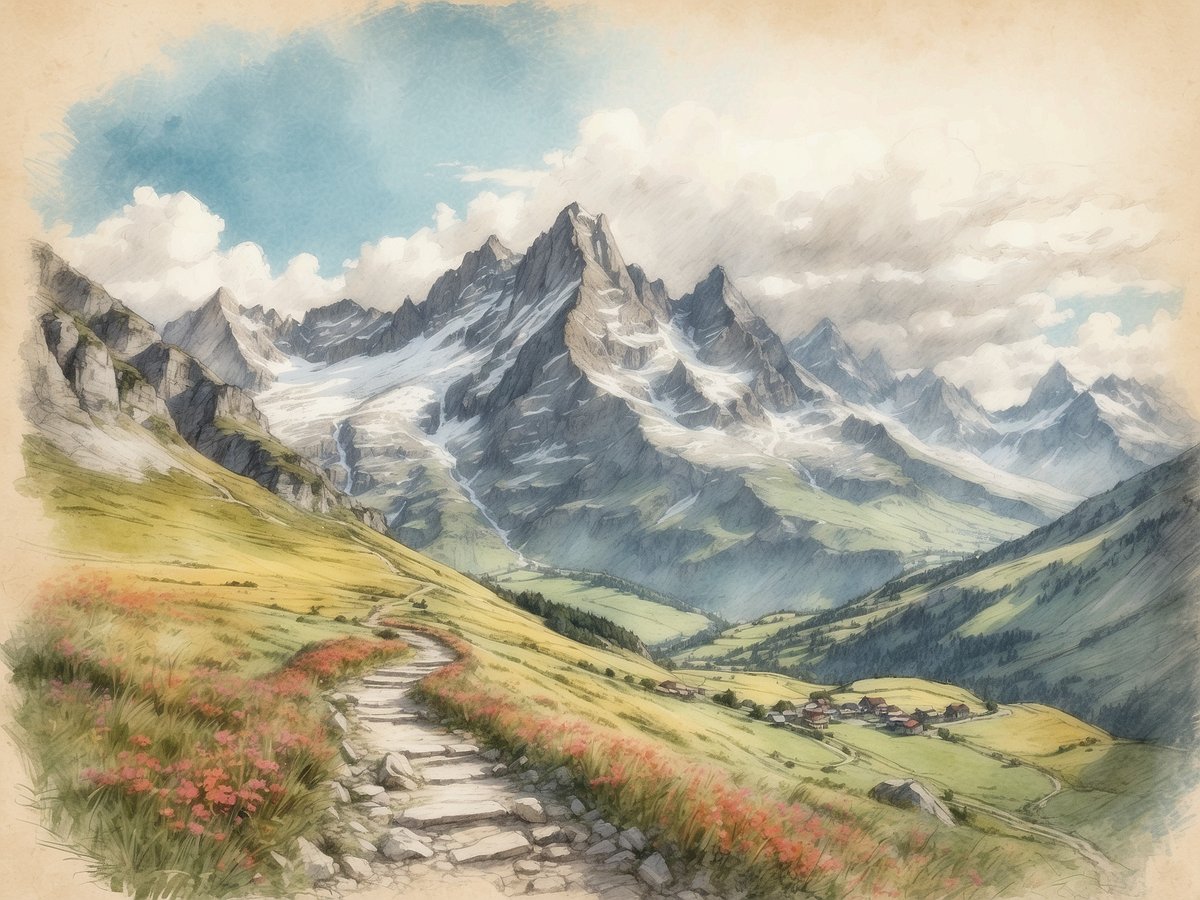 Eine malerische Berglandschaft in der Schweiz mit majestätischen Gipfeln, bedeckt von Schnee und Wolken. Im Vordergrund führt ein gewundener Pfad, umgeben von bunten Blumen, hinunter ins Tal. Deutliche grüne Wiesen und ein kleines abgelegenes Dorf sind im Hintergrund zu sehen, während die beeindruckenden Berge das Panorama dominieren. Die Szenerie strahlt die natürliche Schönheit und ruhige Anmut der Schweizer Alpen aus, ideal für Wanderer, die atemberaubende Ausblicke und unberührte Natur genießen möchten.