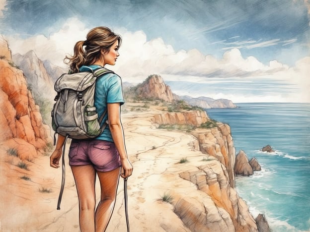 Auf dem Bild ist eine Person zu sehen, die wandert. Sie trägt einen Rucksack und ist auf einem Pfad, der entlang einer Küstenlinie verläuft. Die Umgebung besteht aus felsigen Klippen und einem Blick auf das Meer. Diese Freizeitaktivität ist ideal für Naturliebhaber, die gerne draußen sind und die Landschaft erkunden.