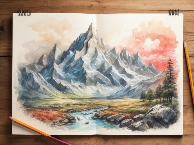 Auf dem Bild ist eine malerische Landschaft mit majestätischen Bergen, sanften Hängen und einem klaren Fluss zu sehen. Die Berge sind aufwendig detailliert und scheinen in verschiedenen Grautönen und Blau-Schattierungen gemalt zu sein. Vor den Bergen erstreckt sich eine grüne Wiese, die in warmen Farben lebendig wirkt.

Diese Art von Umgebung eignet sich hervorragend für einen Ausflug in die Natur. Beliebte Ziele könnten Wanderungen in den Bergen oder Spaziergänge entlang des Flusses sein. Solche Landschaften bieten oft spektakuläre Aussichtspunkte, die für Fotografie und Naturbeobachtungen ideal sind. Auch Aktivitäten wie Angeln, Picknicken oder einfaches Entspannen am Wasser wären hier möglich.