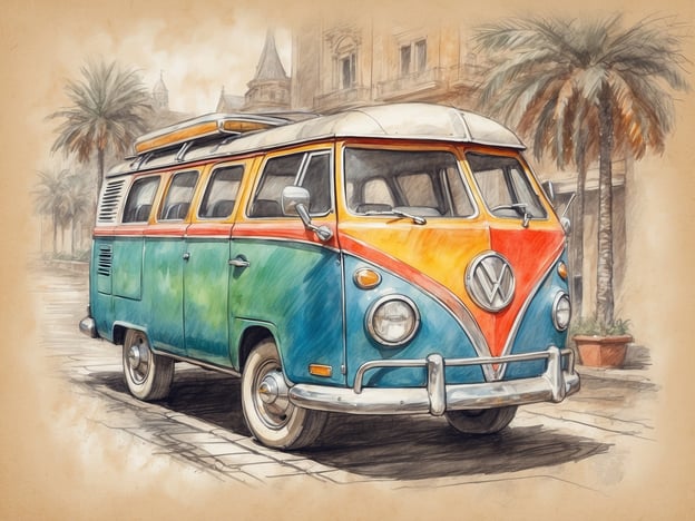 Auf dem Bild ist ein farbenfroher Volkswagen Bus zu sehen, der im typischen Retro-Stil gestaltet ist. Das Fahrzeug hat eine auffällige Farbgebung in Blau, Orange und Rot, die ihm ein fröhliches und nostalgisches Aussehen verleiht. Im Hintergrund sind Palmen und architektonische Details zu erkennen, was auf eine tropische oder mediterrane Umgebung hindeutet. Die Kombination aus dem Volkswagen Bus und der Umgebung vermittelt ein Gefühl von Freiheit und Abenteuer.