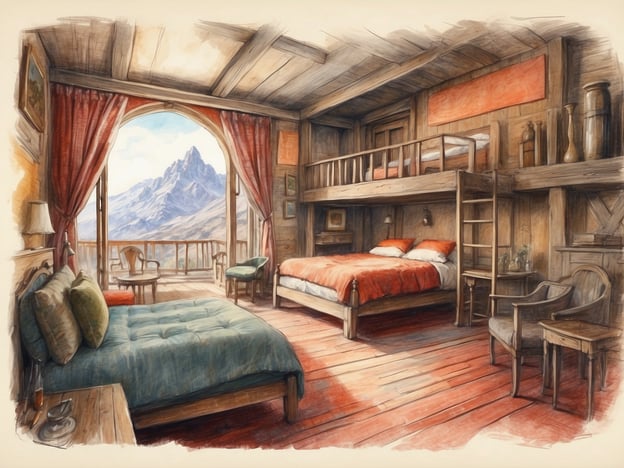 Auf dem Bild ist ein gemütliches Zimmer in einer Berghütte zu sehen. Die Unterkunft bietet zwei Schlafmöglichkeiten: ein großes Bett und ein Hochbett. Durch die großen Fenster hat man einen wunderbaren Blick auf die umliegenden Berge, was die Atmosphäre sehr einladend macht. 

Zu den Aktivitäten, die man in einer solchen Unterkunft unternehmen kann, gehören Wandern in der Natur, Entspannen auf der Terrasse, oder einfach das Genießen der herrlichen Landschaft durch die Fenster. Das rustikale Design des Zimmers fördert ein Gefühl von Behaglichkeit und Verbundenheit mit der Natur.