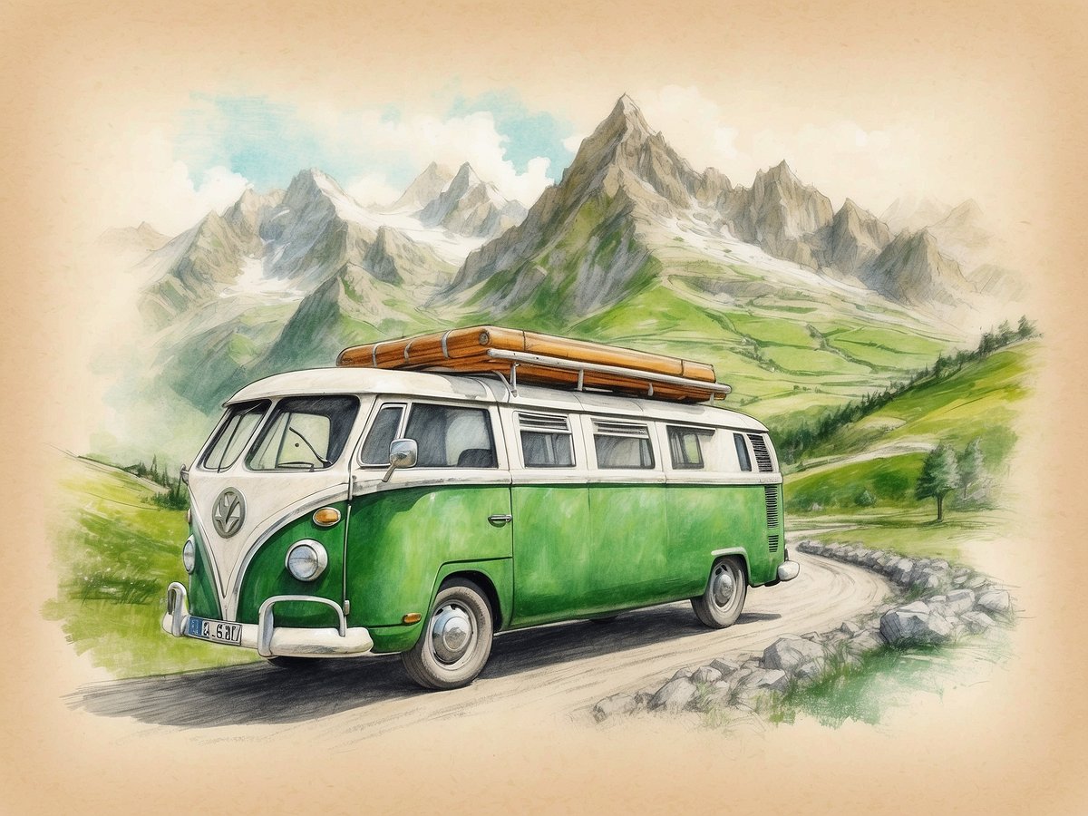 Ein klassischer grüner VW-Bus steht auf einer kurvenreichen Straße in den Schweizer Alpen. Im Hintergrund erheben sich majestätische Berge mit schneebedeckten Gipfeln und grünen Wiesen, die von einzelnen Tannenbäumen gesäumt sind. Der Bus hat einen Holzgepäckträger auf dem Dach, was auf ein Abenteuer in der Natur hinweist. Die Szene vermittelt ein Gefühl von Freiheit und Erkundung in einer atemberaubenden Landschaft, die ideal für nachhaltiges Reisen ist.