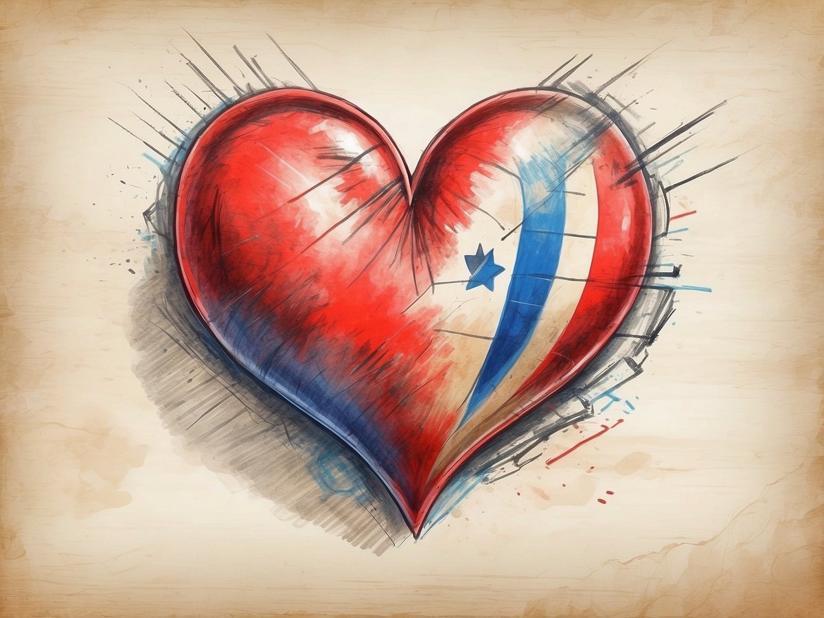 Ein rot-blaues Herz mit einer künstlerischen Darstellung, das Elemente einer Flagge zeigt. Es ist umgeben von dynamischen Linien und Farbspritzern, die einen lebhaften, emotionalen Eindruck vermitteln. Der Hintergrund hat einen vintage-artigen, beige Farbton, der dem Bild eine nostalgische Note verleiht.