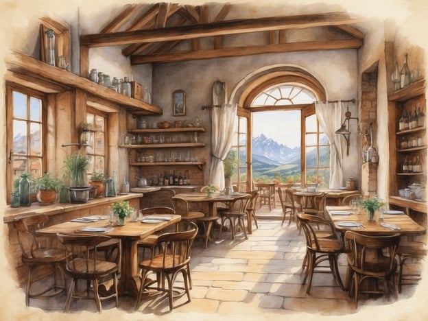 Auf dem Bild ist eine einladende und gemütliche Innenansicht eines Restaurants zu sehen. Die Holzelemente und die große Fensterfront vermitteln eine warme Atmosphäre, während der Blick auf die Berge und die grüne Landschaft im Freien den Gästen ein Gefühl von Freiheit und Naturverbundenheit gibt. Diese Umgebung könnte der perfekte Ort sein, um die unentdeckten kulinarischen Genüsse der Region zu genießen, vielleicht saisonale Gerichte, die mit frischen, lokalen Zutaten zubereitet werden. Die Tische sind wunderbar gedeckt und laden zum Verweilen ein, während man die Aussicht sowie die Aromen der Küche in vollen Zügen erleben kann.