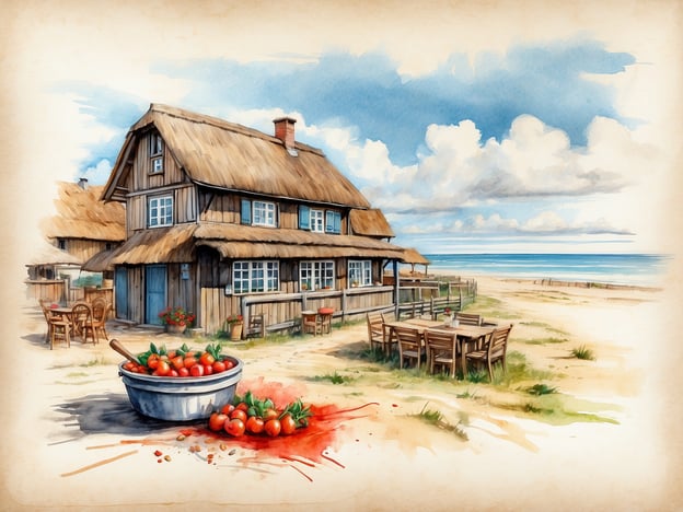 Auf dem Bild ist ein malerisches, reetgedecktes Haus zu sehen, das an einem Strand liegt. Im Vordergrund steht eine Schüssel mit Tomaten. Auf Föhr sind frische, regionale Zutaten ein kulinarisches Highlight, und die Tomaten könnten als Zutat für verschiedene Gerichte typisch sein. 

Besonders beliebt sind auf der Insel die Friesenpfanne und verschiedene Fischgerichte, die mit frischen Kräutern und Gemüse, wie Tomaten, zubereitet werden. Auch die berühmten „Friesen-Torte“ oder traditionelle Käse aus der Region ergänzen die kulinarische Vielfalt von Föhr. Die Umgebung lädt dazu ein, die lokale Gastronomie zu genießen, während man den Blick auf das Meer genießt.