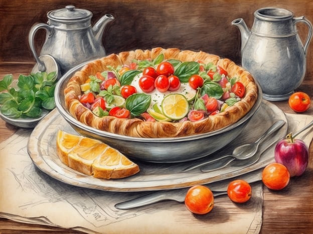 Auf dem Bild sieht man eine köstliche Torte oder Quiche, die mit frischen Tomaten, Basilikum und anderen Kräutern belegt ist. Daneben liegen einige Orangenscheiben und kleine Früchte. Im Hintergrund stehen eine Kanne und ein Behälter aus Metall. Die Anrichtung und die frischen Zutaten erinnern an die kulinarischen Genüsse der Normandie, wo frische Produkte und einfache, aber schmackhafte Gerichte geschätzt werden.