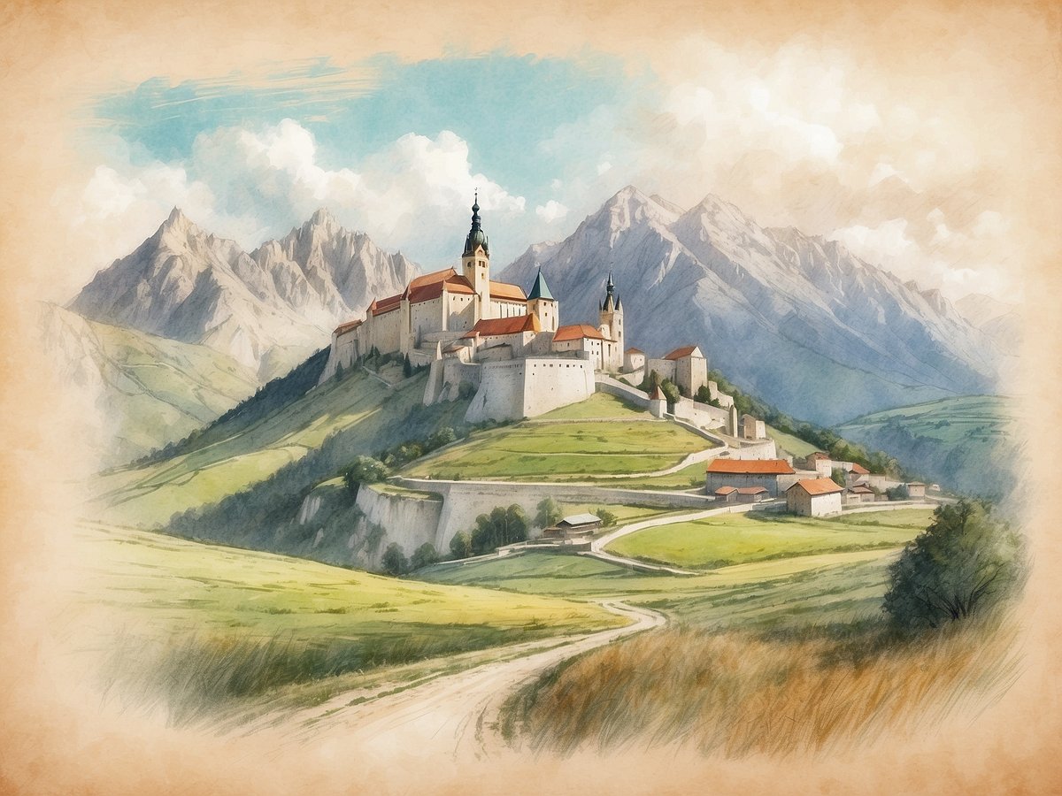 Eine beeindruckende Burg thront majestätisch auf einem Hügel, umgeben von sanften grünen Wiesen und malerischen Bergen im Hintergrund. Die Burggebäude sind in verschiedenen Farben gehalten, darunter rötliche und graue Töne, während die Türme mit hohen, spitzen Dächern und Zinnen geschmückt sind. Ein kurvenreicher Weg führt hinauf zur Burg und verbindet sie mit einem kleinen Dorf im Vordergrund, das aus traditionellen Häusern mit roten Dächern besteht. Der Himmel ist hellblau mit einigen weißen Wolken, die eine friedliche und harmonische Atmosphäre schaffen. Die gesamte Szenerie vermittelt ein Gefühl von Geschichte und Erhabenheit.