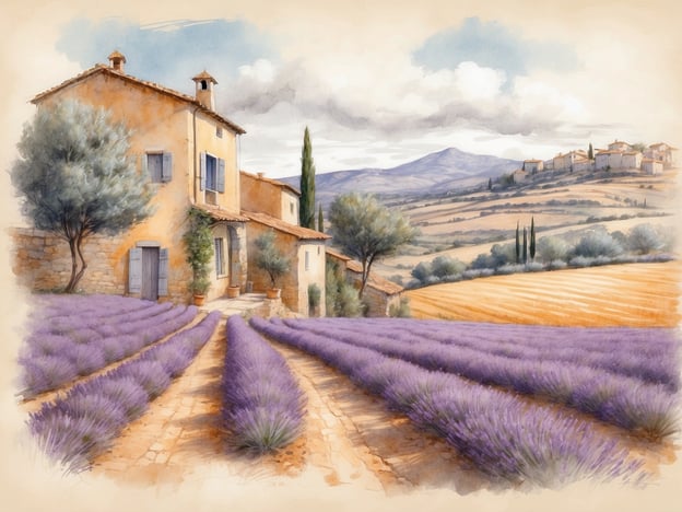 Auf dem Bild ist eine malerische Landschaft in der Provence zu sehen. Die typisch gelben Häuser mit blauen Fensterläden stehen vor weitläufigen Lavendelfeldern, die in sanften Violett- und Purpurtönen blühen. Im Hintergrund erheben sich sanfte Hügel und ein paar kleine Dörfer, die die ländliche Idylle der Region unterstreichen. Die Szenerie vermittelt eine ruhige und friedliche Atmosphäre, die charakteristisch für die Provence ist, besonders während der Lavendelblüte.