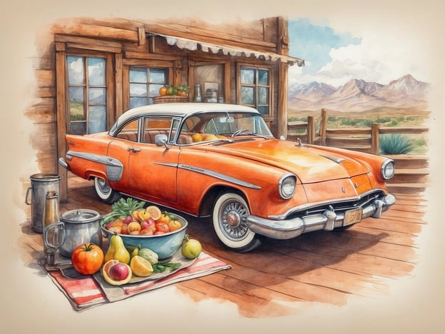 Auf dem Bild ist ein orangefarbener Oldtimer vor einer rustikalen Hütte zu sehen. Neben dem Auto steht ein Picknicktisch mit einer bunten Auswahl an frischen Früchten, darunter Äpfel, Birnen, Zitronen und andere Obstsorten. Diese Szene erinnert an kulinarische Entdeckungen während eines Roadtrips, wo man die lokalen Produkte der Region genießen kann. Die frischen Früchte symbolisieren die Vielfalt der kulinarischen Erlebnisse, die man auf seiner Reise sammeln kann.