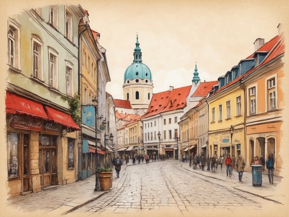 Eine malerische Straße in Bratislava mit historischen Gebäuden und charmantem Charakter. Die Straße ist gesäumt von bunten Fassaden, darunter kleine Geschäfte und Cafés. Im Hintergrund ragt eine beeindruckende Kuppel mit einer grünen Spitze empor, die den Blick auf die St. Martinskathedrale lenkt. Spaziergänger bewegen sich gemächlich entlang der gepflasterten Straße, während Laternen und bunte Schirme eine einladende Atmosphäre schaffen. Die Szene strahlt eine Mischung aus Geschichte, Charme und kultureller Vielfalt aus.