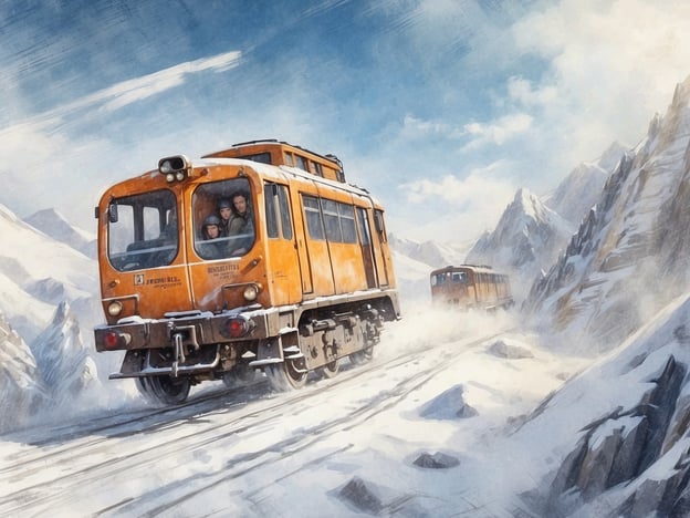 Auf dem Bild ist eine orangefarbene Bahn zu sehen, die durch eine verschneite Berglandschaft fährt. Die Wagen haben einige Passagiere, die sichtbar begeistert sind. Die Schneedecke und die majestätischen Berge im Hintergrund vermitteln ein Gefühl von Abenteuer und einem Adrenalinkick im Schnee, während die Bahn eilig durch die winterliche Landschaft rast.