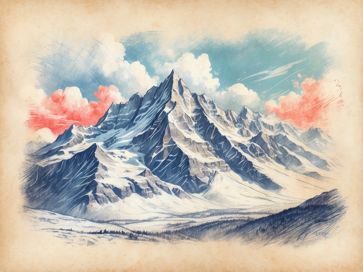 Eine beeindruckende Berglandschaft mit schneebedeckten Gipfeln und einem klaren blauen Himmel, in dem einige Wolken zu sehen sind. Die Berge erscheinen majestätisch und sind in verschiedenen Blautönen dargestellt. Am Himmel sind zarte rosa Akzentuierungen sichtbar, die einen malerischen Sonnenuntergang andeuten. Im Vordergrund erstreckt sich eine bewaldete Fläche, die die alpine Atmosphäre verstärkt. Die Gesamtkomposition vermittelt ein Gefühl von Ruhe und Erhabenheit.