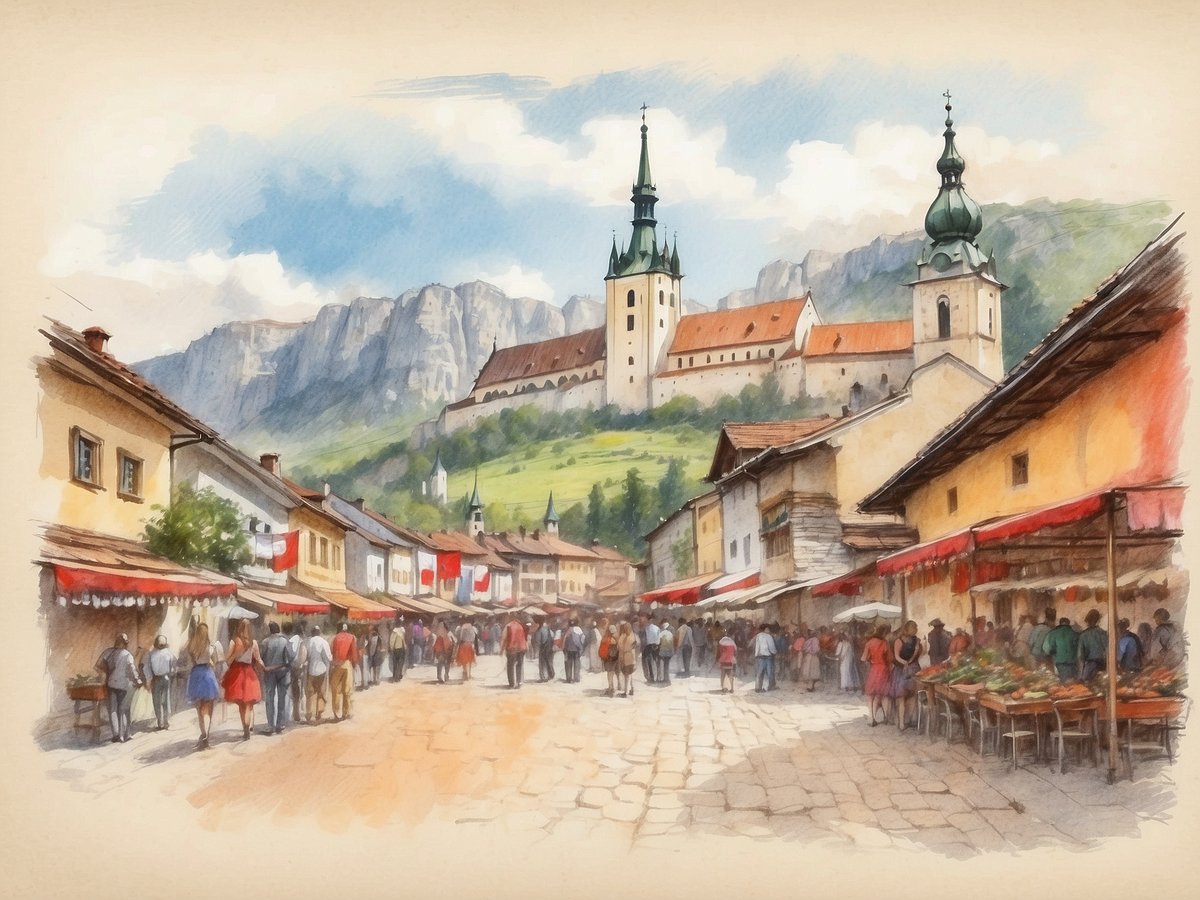 Eine lebhafte Marktszene in einer malerischen slowakischen Stadt, umgeben von beeindruckenden Bergen und einem historischen Schloss im Hintergrund. Die Straßen sind gesäumt von bunten Ständen, die frische Produkte und lokale Handwerkskunst anbieten. Menschen in traditionellen Trachten schlendern durch die Straßen und interagieren miteinander, während sie genießen, was der Markt zu bieten hat. Die Architektur der Häuser und der Kirchtürme spiegelt die reiche Geschichte und Kultur der Slowakei wider, während der strahlend blaue Himmel und die sanften Wolken eine einladende Atmosphäre schaffen.