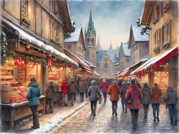 Auf dem Bild sind winterliche Szenen von einem Weihnachtsmarkt zu sehen. Die Gassen sind mit Schnee bedeckt, und die festlich dekorierten Stände bieten eine Vielzahl von Waren an, darunter frisches Obst und handgemachte Produkte. Die Menschen schlendern gemütlich durch die Straßen, eingehüllt in warme Kleidung, während sie die festliche Atmosphäre genießen.

Weihnachtsmärkte sind in vielen Regionen bekannt und beliebt. Sie sind oft mit Lichtern, glänzenden Ornamenten und traditionellen Puppen geschmückt. Beliebte Bräuche, die auf solchen Märkten stattfinden, sind das Trinken von Glühwein, der Genuss von gebrannten Mandeln und die Vorfreude auf das Fest der Liebe. Häufig findet man auch traditionelle Leckereien wie Lebkuchen und Stollen, die den besonderen Charme dieser Jahreszeit ausmachen.