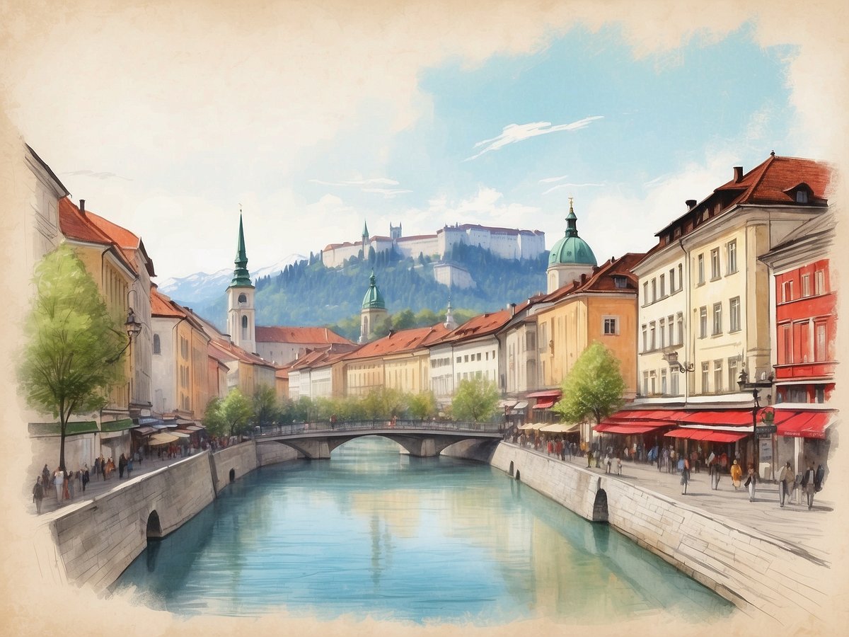 Eine malerische Ansicht von Ljubljana, die einen Teil des Flusses Ljubljanica zeigt, umgeben von charmanten, pastellfarbenen Gebäuden mit roten Dächern. Im Hintergrund erhebt sich die Burg von Ljubljana auf einem Hügel, umgeben von grünen Bäumen und Bergen. Menschen schlendern entlang der Uferpromenade, während Cafés mit Terrassen für eine einladende Atmosphäre sorgen. Die beeindruckenden Kirchtürme und die klare Wasserspiegelung schaffen eine ruhige und entspannte Stimmung in der slowenischen Hauptstadt.