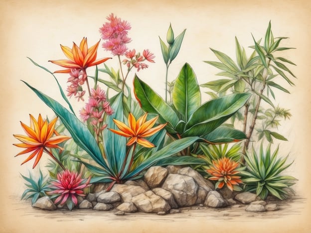 Auf dem Bild sind verschiedene Pflanzen zu sehen, die eine faszinierende Flora darstellen. Die bunten Blüten in Rot, Orange und Pink weisen eine tropische Schönheit auf und sind umgeben von satten grünen Blättern und Felsen. Diese Kombination aus floralen und grünen Elementen erzeugt eine lebendige und harmonische Darstellung der Natur, die sowohl Exotik als auch Vielfalt verkörpert. Die unterschiedlichen Pflanzenarten und ihre Farben tragen zur bezaubernden Ästhetik dieser Pflanzenlandschaft bei.