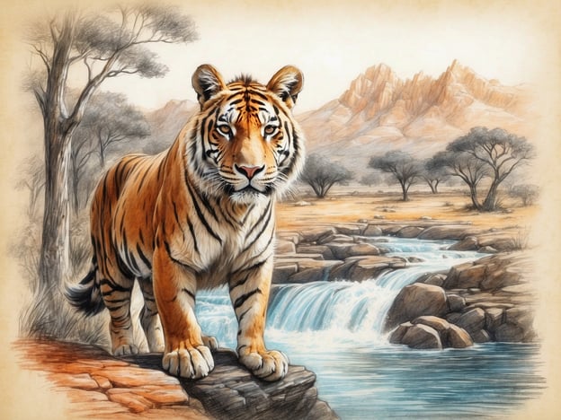 Auf dem Bild ist ein majestätischer Tiger zu sehen, der stolz an einem Ufer steht. Die beeindruckende Tierwelt wird durch die detailreiche Darstellung des Tigers hervorgehoben, während im Hintergrund eine malerische Landschaft mit Bergen und Wasserfällen zu sehen ist. Die sanften Farbnuancen und die natürliche Umgebung tragen zur Schönheit dieser Szene bei, die die Faszination der Tierwelt wunderbar einfängt.