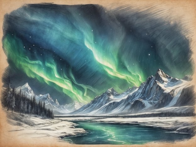 Auf dem Bild ist die geheimnisvolle Aurora Borealis zu sehen, die in strahlenden Grüntönen am Nachthimmel leuchtet. Sie erstreckt sich über majestätische Berge, die mit Schnee bedeckt sind, und spiegelt sich in einem ruhigen Wasserlauf, der sich durch die winterliche Landschaft schlängelt. Dunkle, malerische Wälder umrahmen die Szene und verstärken die geheimnisvolle Stimmung.