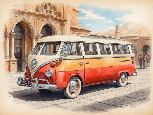 Auf dem Bild ist ein klassischer VW-Bus zu sehen, der in leuchtenden Farben gestaltet ist. Dieser Fahrzeugtyp, der in den 1950er und 1960er Jahren populär wurde, verkörpert einen Teil der Automobilgeschichte und hat eine besondere kulturelle Bedeutung, insbesondere im Zusammenhang mit dem Hippie-Lifestyle und der Reise- und Campingkultur. 

Der Hintergrund zeigt eine historische Architektur, die an koloniale Einflüsse erinnert und die reiche Geschichte vieler Städte in Südamerika widerspiegelt. Diese Kombination aus dem VW-Bus und der historischen Kulisse verdeutlicht den Dialog zwischen modernem und traditionellem Erbe, der in vielen Kulturen präsent ist. Die Verwendung von warmen Farben und die künstlerische Darstellung verleihen dem Bild eine nostalgische Atmosphäre und betonen die einzigartige Verbindung zwischen Mobilität und kulturellem Ausdruck.