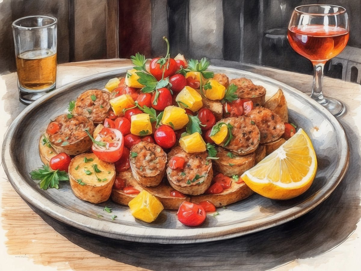 Ein silbernes Teller voller köstlicher Tapas ist im Mittelpunkt des Bildes. Die Tapas bestehen aus kleinen, runden Fleischbällchen, die von bunten Kirschtomaten und würfelig geschnittenen gelben Paprika umgeben sind. Frische Kräuter wie Petersilie sind zur Garnierung hinzugefügt. Auf der Seite liegt ein Stück frische Zitrone. Im Hintergrund sind ein Glas mit einer hellen Spirituose und ein gekröntes Glas mit Rotwein zu sehen, was eine einladende und gesellige Atmosphäre schafft.