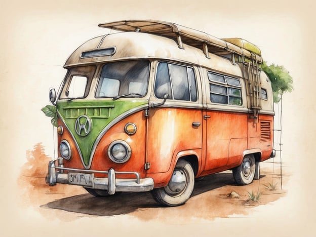 Auf dem Bild ist ein nostalgischer VW-Bus zu sehen, der für nachhaltiges Reisen beliebt ist. Er symbolisiert umweltfreundliche Transportmittel, die oft zum Campen benutzt werden. Solche Fahrzeuge ermöglichen es Reisenden, in der Natur zu übernachten und die Schönheit der Umgebung zu genießen, während sie gleichzeitig die ökologische Belastung minimieren. Diese Art von Unterkunft fördert ein einfaches und nachhaltiges Reisemuster.