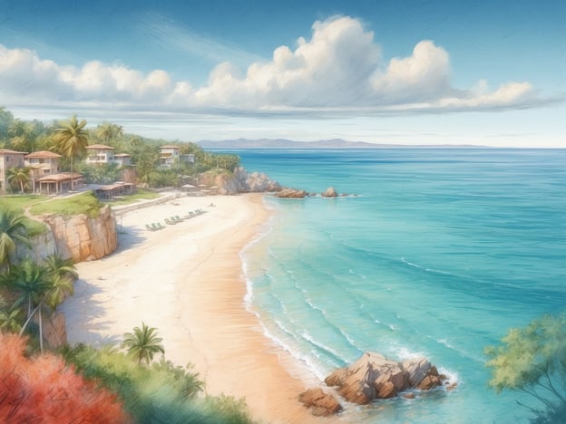 Auf dem Bild ist eine wunderschöne Küstenlandschaft zu sehen, die die Schönheit der Albanischen Riviera widerspiegelt. Der feine, sandige Strand erstreckt sich entlang des klaren, blauen Wassers, umgeben von sanften Wellen und beeindruckenden Felsen. Die üppigen Palmen und charmanten Häuser im Hintergrund tragen zur idyllischen Atmosphäre bei, die ein Gefühl von Ruhe und Erholung vermittelt. Die hellen Farben und der strahlend blaue Himmel betonen die natürliche Schönheit dieser Region.