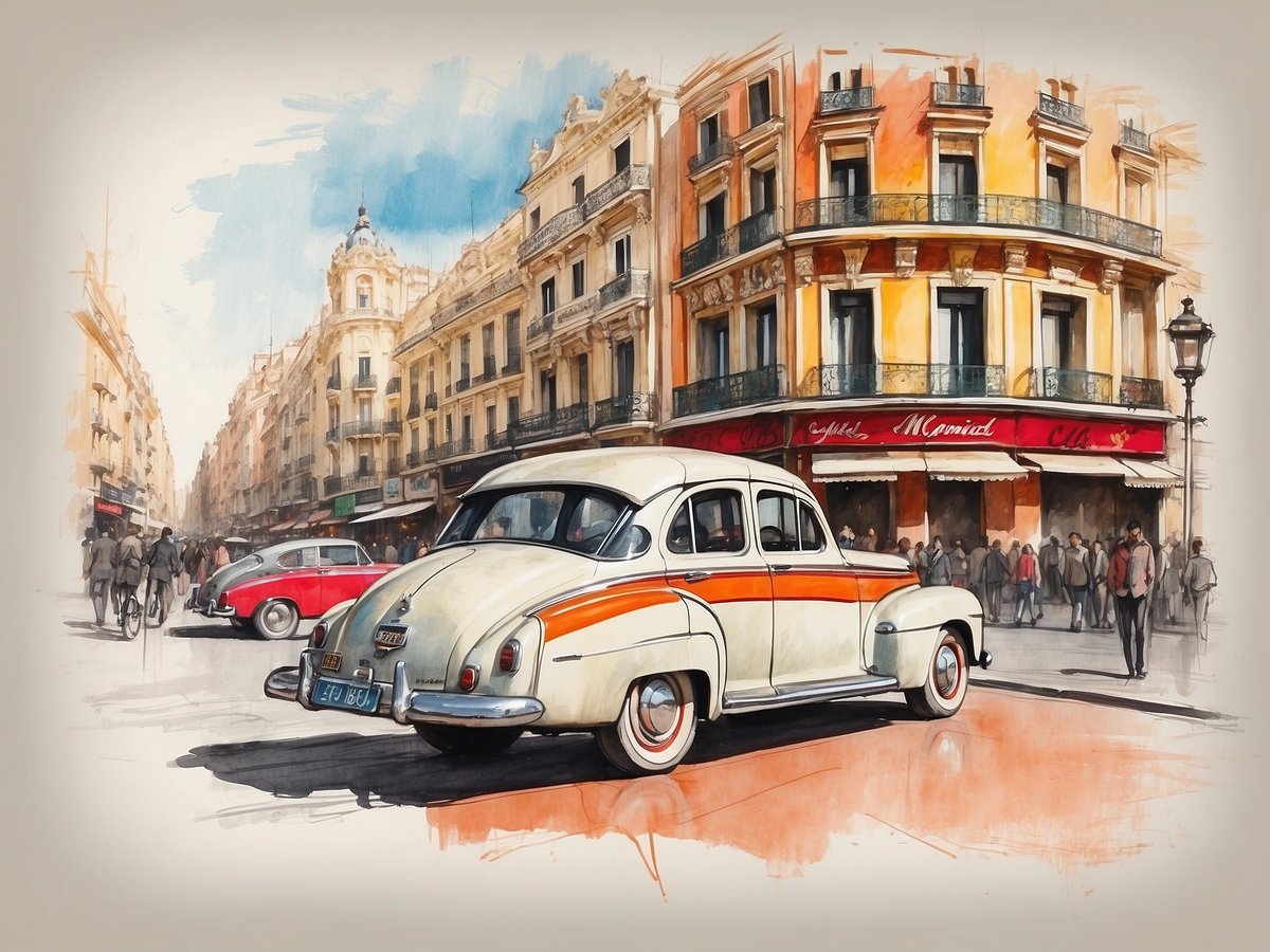 Auf dem Bild ist eine belebte Straßenszene in Madrid zu sehen, die von einer watercolorartigen Zeichnung dargestellt wird. Im Vordergrund steht ein klassisches, weißes Auto mit orangefarbenen Streifen, während im Hintergrund ein weiteres Fahrzeug, ein rotes Auto, zu sehen ist. Die Straße ist gesäumt von historischen Gebäuden mit eleganten Balkonen und einer Vielzahl von Menschen, die auf dem Gehweg flanieren. An einer der Fassaden ist ein Restaurant mit dem Namen "El Gaminal" zu erkennen, das einladend aussieht. Die gesamte Szenerie strahlt eine nostalgische Atmosphäre der Stadt aus, die Kultur, Kunst und lebhaftes Nachtleben jenseits der klassischen Touristenattraktionen verkörpert.