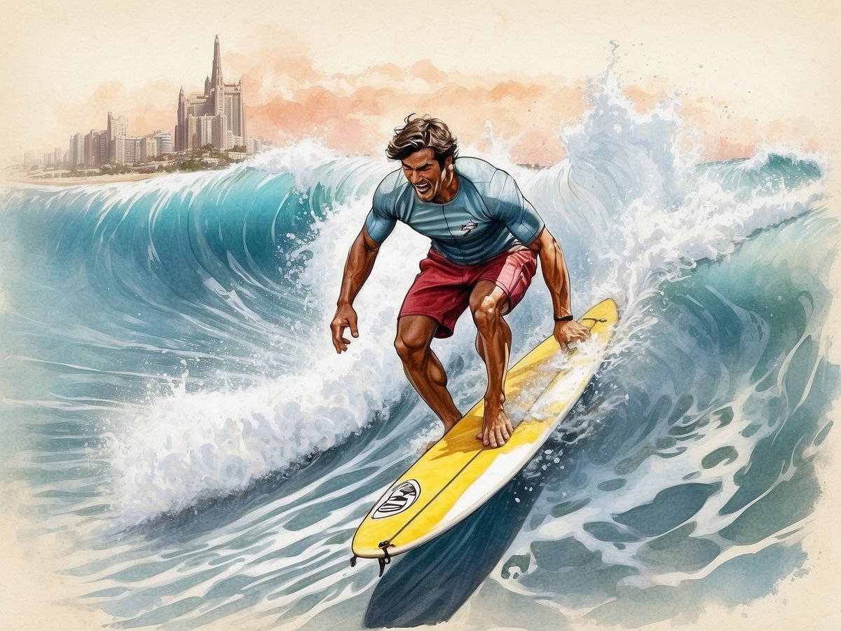 Ein Surfer reitet auf einer großen Welle vor einer urbanen Küstenlandschaft. Die Welle ist kraftvoll und spritzt Wasser, während der Surfer in einem blauen T-Shirt und roten Shorts auf einem gelben Surfbrett balanciert. Im Hintergrund sind Hochhäuser und eine farbenprächtige, wolkige Himmelspartie zu sehen, die eine entspannte Küstenatmosphäre vermittelt. Diese Szene spiegelt die besten Surfmöglichkeiten an Spaniens Küsten wider, ideal für Anfänger und Profis.