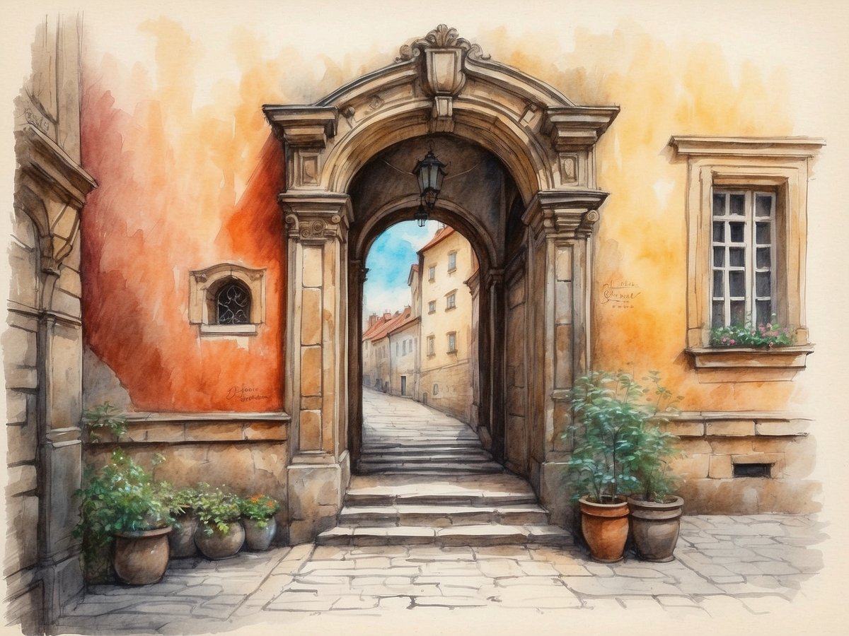 Eine malerische Gasse mit einem großen, geschwungenen Torbogen im Vordergrund, umgeben von warmen, beige- und terrakottafarbenen Wänden. Auf der linken Seite befindet sich ein kleiner, dekorativer Fensterbogen mit einem filigranen Gitter. Der Boden ist gepflastert, und auf der rechten Seite stehen mehrere Tontöpfe mit grünen Pflanzen. In der Ferne sind die sanften Konturen von Gebäuden und einem klaren Himmel sichtbar, der eine einladende Atmosphäre vermittelt.
