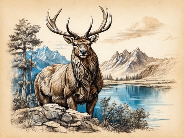 Auf dem Bild ist ein majestätischer Hirsch zu sehen, der in einer natürlichen Umgebung steht. Um ihn herum befinden sich ein klarer See und beeindruckende Berge, die eine malerische Landschaft darstellen. Diese Szenerie könnte in einem Nationalpark wie dem Yellowstone oder den Alpen sein, wo man wandern, fotografieren oder die Natur genießen kann. Aktivitäten wie Tierbeobachtungen oder Bootfahren auf dem See wären hier ebenfalls möglich.