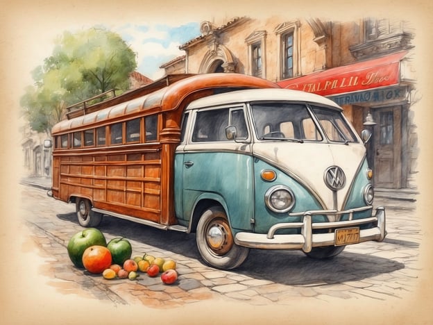 Auf dem Bild ist ein klassischer Volkswagen-Bus zu sehen, der einen nostalgischen Charme ausstrahlt. Er steht auf einer gepflasterten Straße, umgeben von historischen Gebäuden, die typisch für viele alte europäische Städte sind. Neben dem Bus liegen verschiedene Früchte, die auf einen Markttag oder ein lokales Fest hinweisen könnten.

Dieser VW-Bus ist ein Symbol der Mobilität und Freiheit, besonders in den 1960er und 70er Jahren, als er bei Reisenden und Künstlern beliebt war. Die Architektur im Hintergrund und die lebhaften Farben der Früchte rufen ein Gefühl von traditioneller Kultur und regionalen Märkten hervor, die in vielen europäischen Ländern, wie Italien oder Spanien, zu finden sind. Diese Märkte sind oft reich an frischen lokalen Produkten und verkörpern die kulinarische Vielfalt der Region.