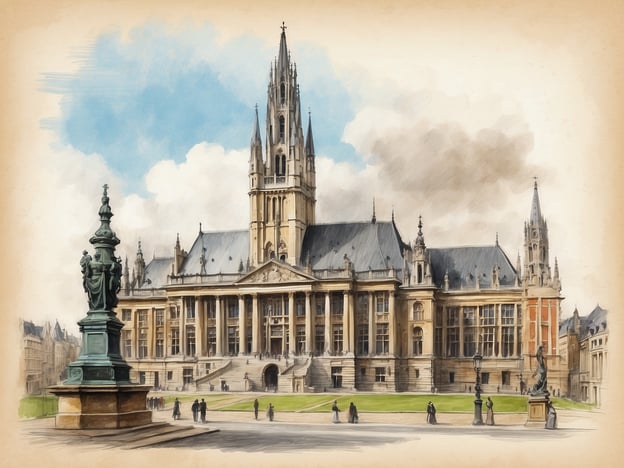 Auf dem Bild ist ein beeindruckendes historisches Gebäude zu sehen, das wahrscheinlich ein Rathaus oder ein prächtiges öffentliches Gebäude in Belgien darstellt. Belgien hat eine reiche Geschichte, die von beeindruckenden Architekturstilen geprägt ist, darunter gotische und neoklassizistische Elemente. 

Das Gebäude könnte mit der Stadtpolitik oder Verwaltung in Verbindung stehen, was in Belgien eine lange Tradition hat. Direkt vor dem Gebäude sieht man Statuen und Menschen, die an einer der schönen Plätze der Stadt flanieren, was die lebendige Kultur und den historischen Reichtum des Landes widerspiegelt. Die Architektur, die Kunstwerke und die umgebende Landschaft sind Zeugnisse der vielseitigen Geschichte Belgiens, die durch Einflüsse aus verschiedenen europäischen Kulturen geprägt ist.