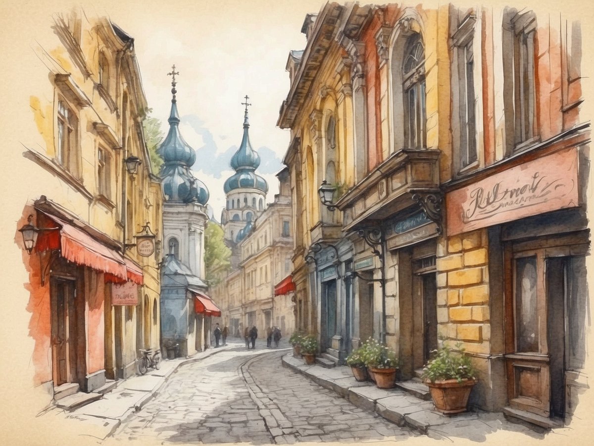 Eine malerische Gasse in Kiew mit historischen Gebäuden und modernen Elementen. Die Straße ist gepflastert und von charmanten, bunten Fassaden gesäumt. Rote Markisen hängen vor den Fenstern der Geschäfte, und vor den Eingängen stehen Blumenkübel. Im Hintergrund sind markante Kirchtürme mit blauen Kuppeln sichtbar, die das Stadtbild prägen. Einige Passanten schlendern gemütlich die Gasse entlang, während das sanfte Licht der Umgebung eine einladende Atmosphäre schafft.