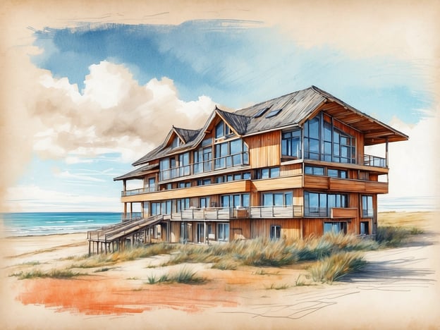 Auf dem Bild ist ein modernes, strandnahes Ferienhaus zu sehen. Es bietet großflächige Fenster und eine Holzfassade, die eine einladende Atmosphäre schafft. Diese Unterkunft scheint ideal für einen erholsamen Urlaub am Meer zu sein, mit direktem Zugang zum Strand und einer schönen Aussicht auf das Wasser. Es ist ein perfekter Ort, um die Natur zu genießen und zu entspannen.