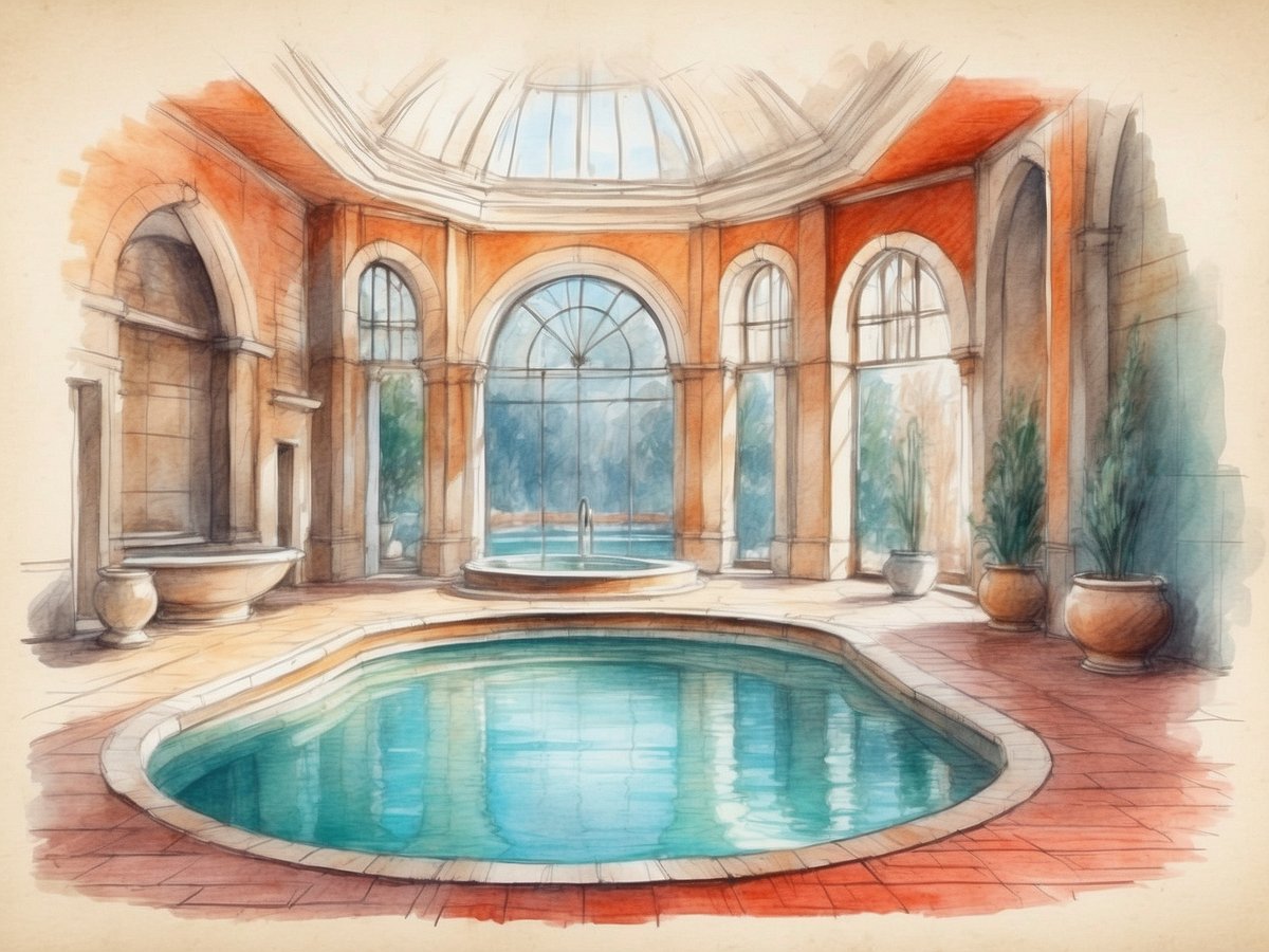 Ein elegantes Thermalbad mit zwei unterschiedlichen Pools, die von einer lichtdurchfluteten, gewölbten Decke umgeben sind. Die Wände sind in warmen Tönen gehalten und große Fenster lassen viel Tageslicht herein. Grüne Pflanzen in dekorativen Töpfen verleihen dem Raum eine entspannte Atmosphäre. Die Wasseroberfläche der Pools spiegelt die Umgebung wider und lädt zum Entspannen ein. Dieses Bild vermittelt ein Gefühl von Ruhe und Wellness, perfekt für einen Besuch in Ungarns Heilquellen und Thermalbädern.