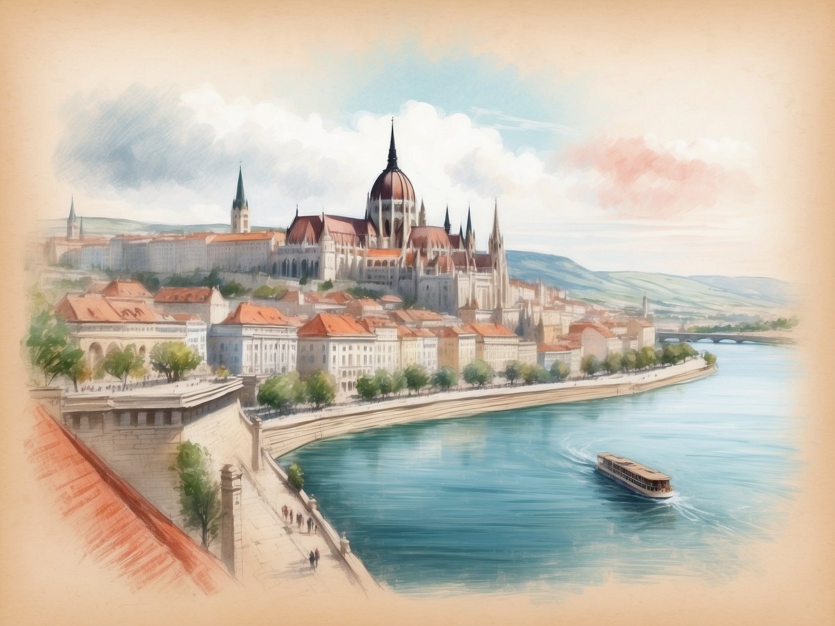 Eine malerische Ansicht der ungarischen Hauptstadt Budapest am Ufer der Donau, die das beeindruckende Parlamentsgebäude mit seiner charakteristischen Architektur in den Mittelpunkt rückt. Die Uferpromenade ist von historischen Gebäuden mit roten Dächern und grünen Bäumen gesäumt. Ein kleines Boot fährt gemächlich auf dem ruhigen, blauen Wasser der Donau. Im Hintergrund sind sanfte Hügel und ein teilweise bewölkter Himmel zu sehen, die der Szene eine friedliche Atmosphäre verleihen.