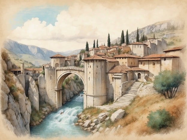 Auf dem Bild ist eine malerische Brücke zu sehen, die einen Fluss überquert und von historischen Gebäuden umgeben ist. Diese Darstellung erinnert an die Architektur und die Landschaften aus der antiken Geschichte Bosniens, wo Brücken oft zentrale Punkte in Städten waren. Besonders im Mittelalter waren viele Städte in Bosnien von strategischen Brücken geprägt, die nicht nur als Verkehrswege dienten, sondern auch als Verteidigungsanlagen. Die Kombination aus Wasserläufen, Hügeln und traditioneller Bauweise spiegelt das Erbe und die Kultur dieser Region wider.