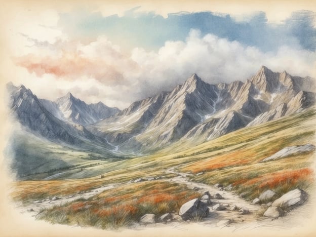 Auf dem Bild ist eine malerische Landschaft zu sehen, die an die Schönheit des Rila-Gebirges erinnert. Die Berge sind majestätisch und abwechslungsreich, mit steilen Felsen und sanften Hängen. Ein schmaler Weg schlängelt sich durch die grüne Wiese, die von farbenfrohen Pflanzen geschmückt ist. Diese Szene verkörpert das Wandern im ältesten Naturpark Bulgariens, wo Besucher die unberührte Natur und atemberaubende Aussichten genießen können. Der Himmel ist teilweise bewölkt, was der idyllischen Atmosphäre zusätzlichen Charme verleiht.