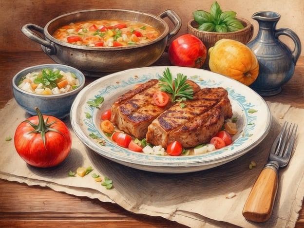 Auf dem Bild sind köstliche kulinarische Delikatessen zu sehen, darunter saftige Steaks auf einem Teller, garniert mit frischen Kräutern und kleinen Tomaten. Daneben steht eine Schüssel mit einem bunten Gemüsegericht und eine weitere mit einer aromatischen Reisspeise. Im Hintergrund befinden sich einen Topf mit einer herzhafter Suppe, wobei frische Zutaten wie Tomaten, Äpfel und Kürbis zur Dekoration beitragen. Dieses Arrangement vermittelt ein Gefühl von Wohlbefinden und herzlicher Gastfreundschaft.