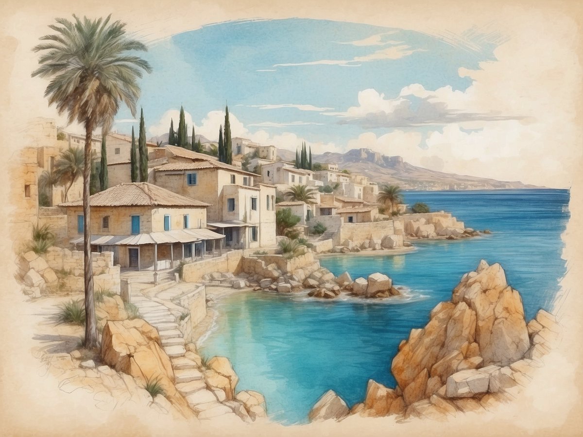 Eine malerische Küstenlandschaft zeigt traditionelle, steinige Gebäude mit blauen Fenstern, die sich entlang einer sanften Bucht erstrecken. Die Häuser sind von hohen Palmen und Zypressen umgeben, die dem Bild eine mediterrane Note verleihen. Der ruhige, azurblaue Ozean spiegelt den Himmel wider, der mit sanften Wolken durchzogen ist. Am Ufer führen Kieselsteine und Treppen hinunter zum Wasser, während im Hintergrund sanfte Hügel sichtbar sind, die die atemberaubende Natur Zyperns verkörpern.