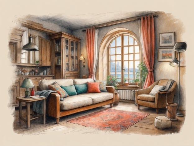 Auf dem Bild ist ein gemütliches Wohnzimmer zu sehen. Der Raum strahlt eine einladende Atmosphäre aus, die gut zur dänischen Hygge-Kultur passt. 

Es gibt ein breites Sofa mit vielen Kissen, einen Sessel und einen kleinen Tisch. Die Fenster lassen viel Licht herein, und die sanften Farben sowie die Pflanzen sorgen für eine warme und entspannende Stimmung. Der Raum vermittelt ein Gefühl von Behaglichkeit und lädt dazu ein, Zeit mit Freunden oder Familie zu verbringen – ein zentrales Konzept der Hygge.