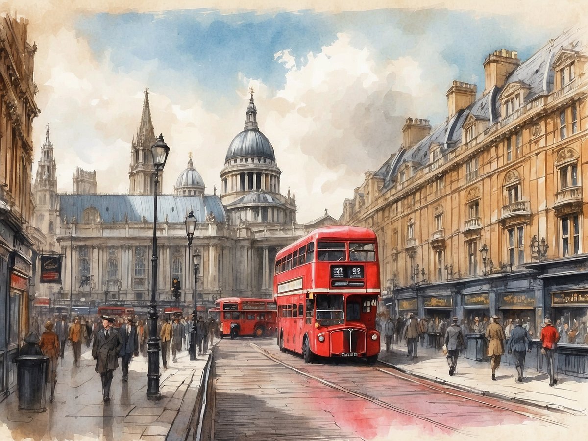 Ein belebter Straßenabschnitt in London, wo rote Doppeldeckerbusse entlangfahren. Im Hintergrund ist eine beeindruckende Architektur zu sehen, wahrscheinlich eine bekannte Kirche oder Kathedrale mit beeindruckender Kuppel. Passanten in zeittypischer Kleidung schlendern die Straße entlang, während Lampen und historische Gebäude den Charme der Stadt unterstreichen. Der Himmel ist leicht bewölkt und trägt zur malerischen Atmosphäre bei, die das Leben in dieser historischen Umgebung einfängt.