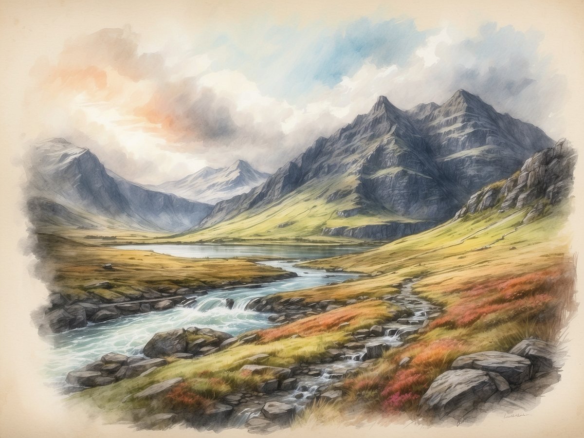 Eine malerische Landschaft der schottischen Highlands zeigt majestätische Berge, deren Gipfel leicht von Schnee bedeckt sind. Im Vordergrund fließt ein klarer, sprudelnder Bach über steinige Ufer in ein weites Tal. Saftige grüne Wiesen und orangefarbene Heidekrautflächen verleihen der Szenerie lebendige Farben, während die Wolken am Himmel in sanften Tönen von Grau und Blau leuchten. Diese natürliche Schönheit verkörpert die mythische und unberührte Wildnis Schottlands, ein Ort von atemberaubendem Charme und kulturellem Erbe.