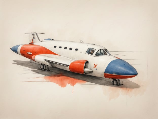 Auf dem Bild ist ein Flugzeug zu sehen, das eine markante und stilisierte Form aufweist. Die Verwendung klarer Linien und die harmonische Farbgestaltung in Weiß, Blau und Rot erinnern an die Prinzipien des dänischen Designs, das sich durch Funktionalität und Ästhetik auszeichnet. 

Das Flugzeug scheint aerodynamisch und elegant gestaltet zu sein, was ebenfalls typisch für dänisches Design ist. Es kombiniert eine minimalistische Ästhetik mit einer praktischen Form, was die Effizienz und Benutzerfreundlichkeit unterstreicht. Zudem spiegelt die Farbwahl eine modernistische Herangehensweise wider, die in vielen dänischen Designs zu finden ist.