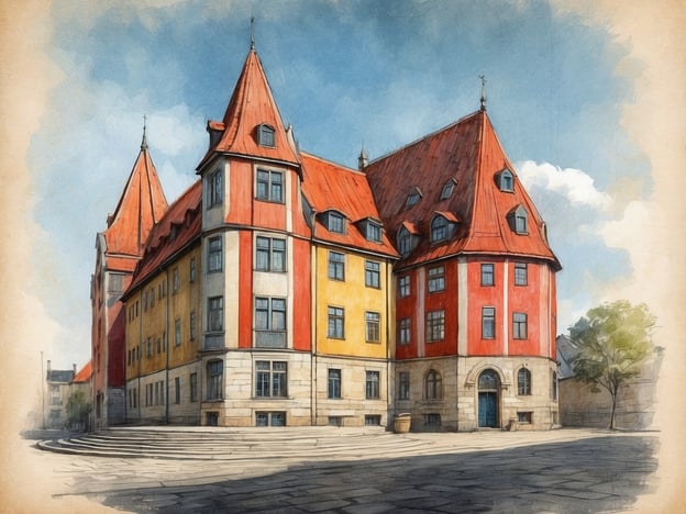 Auf dem Bild ist ein Gebäude mit einer markanten Architektur zu sehen. Die Fassade ist in verschiedenen Farben gestaltet, darunter Rot und Gelb, und das Dach hat auffällige, spitze Türme. Diese Art von Design könnte an dänische Architektur erinnern, die oft von klaren Linien und funktionalen Formen geprägt ist, möglicherweise inspiriert von Ikonen wie Arne Jacobsen oder Hans J. Wegner. Dänisches Design legt Wert auf Ästhetik und Funktionalität, was sich in der Kombination von traditionellen und modernen Elementen zeigt.