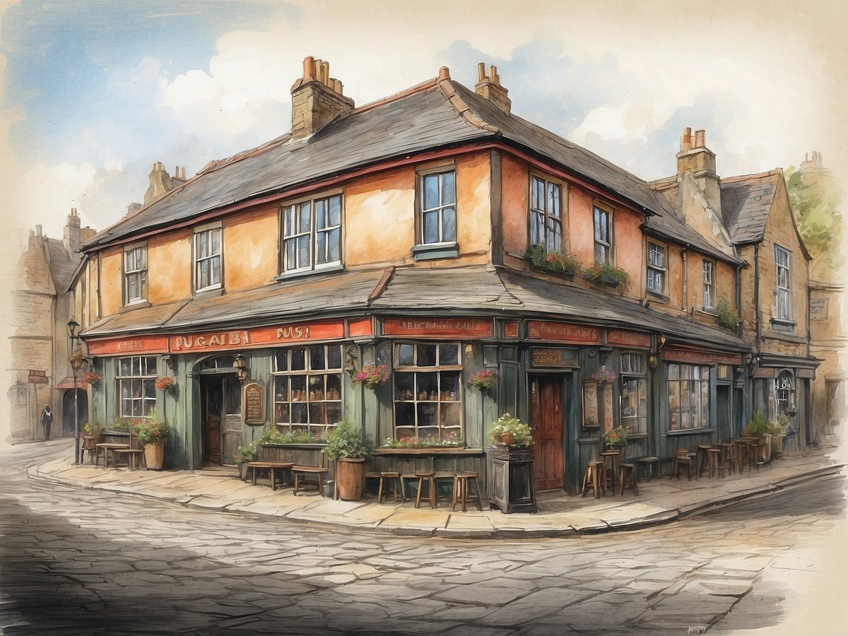 Ein traditioneller englischer Pub steht an einer Straßenecke, umgeben von historischen Gebäuden. Die Fassade ist in warmen Farbtönen gehalten, mit großen Fenstern, die das Innere beleuchten. Vor dem Pub sind Tische und Stühle im Freien platziert, begrenzt durch blühende Pflanzen in Töpfen. Eine klassische Laterne hängt neben dem Eingang, während die Straßen mit Kopfsteinpflaster gestaltet sind. Im Hintergrund sind weitere alte Häuser zu sehen, die eine gemütliche und einladende Atmosphäre schaffen.