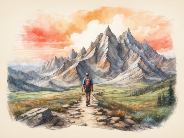 Auf dem Bild ist eine Person zu sehen, die auf einem Wanderweg in einer bergigen Landschaft geht. Die Szene vermittelt eine friedliche Atmosphäre und zeigt eine beeindruckende Kulisse mit hohen Bergen im Hintergrund und einem malerischen Sonnenuntergang. Aktivitäten, die damit verbunden sein könnten, sind Wandern, Bergtouren und Naturerkundungen. Die Veranstaltung könnte eine geführte Wanderung oder ein Outdoor-Abenteuer sein, das Menschen zusammenbringt, um die Schönheit der Natur zu genießen.