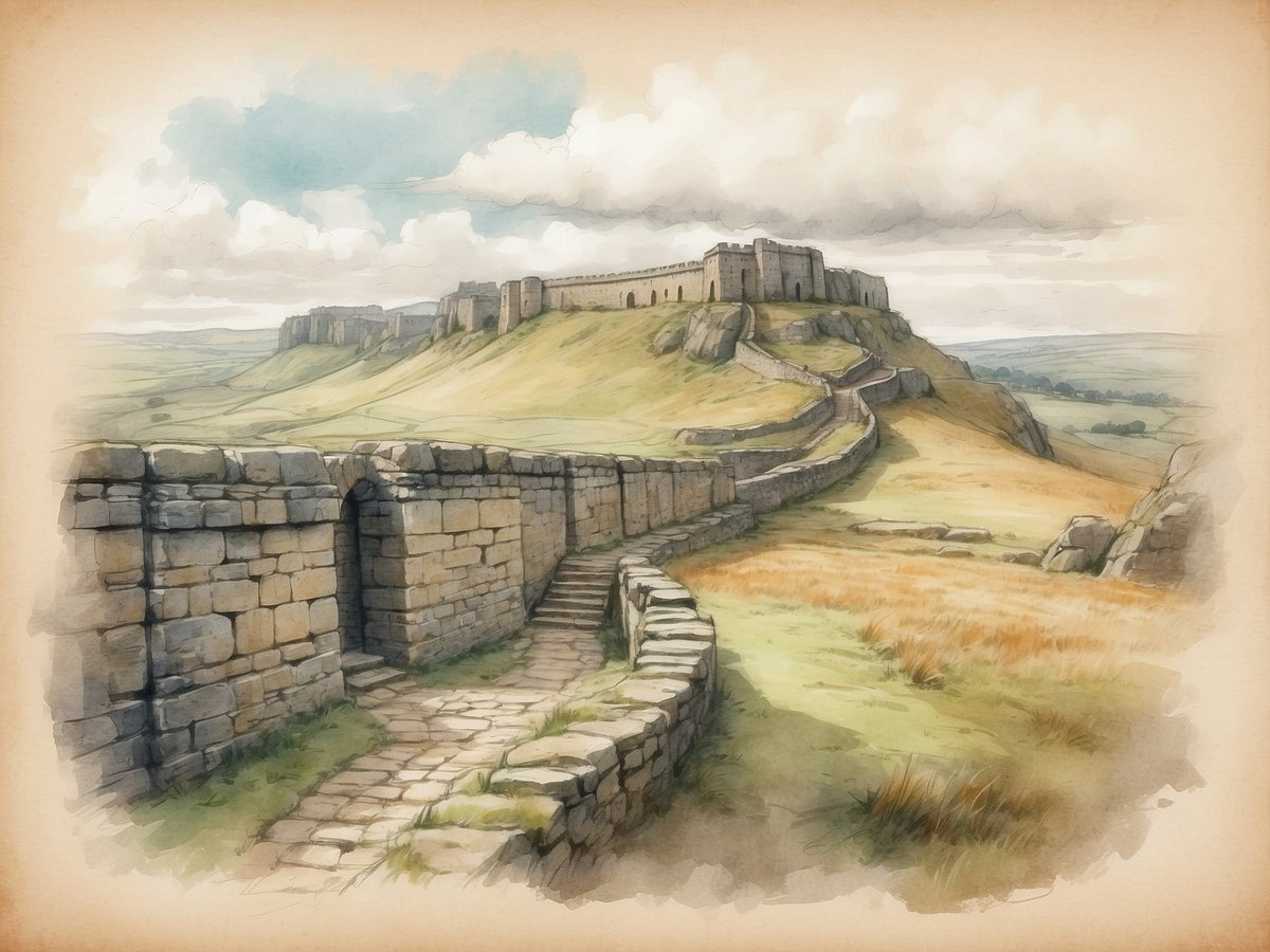 Eine historische Landschaft mit bewaldeten Hügeln und sanften Wiesen ist zu sehen. Im Vordergrund verläuft ein gepflasterter Weg entlang einer alten Steinmauer, die aus großen, rustikalen Steinen besteht. Diese Mauer ist ein Teil des Hadrianswalls, der in den Hintergrund führt, wo sich eine imposante Festung auf einem Hügel erhebt. Die Festung ist von weiteren Mauerstrukturen umgeben und bietet einen Blick über die weite, grüne Landschaft. Der Himmel ist bewölkt und trägt zu der historischen Atmosphäre des Ortes bei.