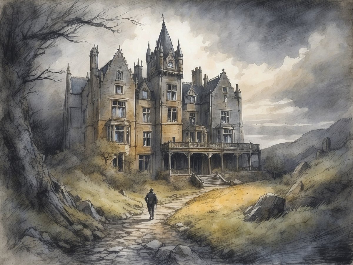 Ein geheimnisvolles, altes Herrenhaus steht im Mittelpunkt der Szene, umgeben von einer düsteren Landschaft. Das Gebäude besitzt mehrere Türme und große Fenster, die einen melancholischen Eindruck vermitteln. Der Himmel ist von grauen Wolken durchzogen, was eine geheimnisvolle Atmosphäre schafft. Ein einsamer Wanderer geht auf einem unebenen, steinigen Pfad in Richtung des Hauses, umgeben von spärlichen Bäumen und struppigem Gras. Die verwitterte Fassade des Hauses erzählt von vergangenen Zeiten und weckt die Vorstellung von verborgenen Geistern und Geschichten.
